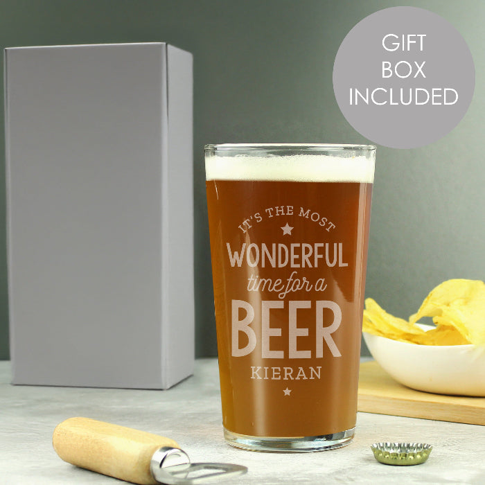 Engraved Wonderful Time For A Beer Pint Glass
