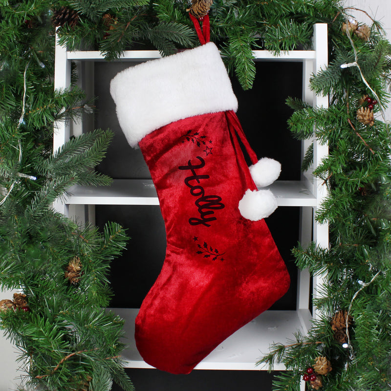Personalised Holly Red Velvet Christmas Stocking
