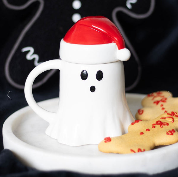 Gothic Ghost Shaped Christmas Mug with Santa Hat Lid