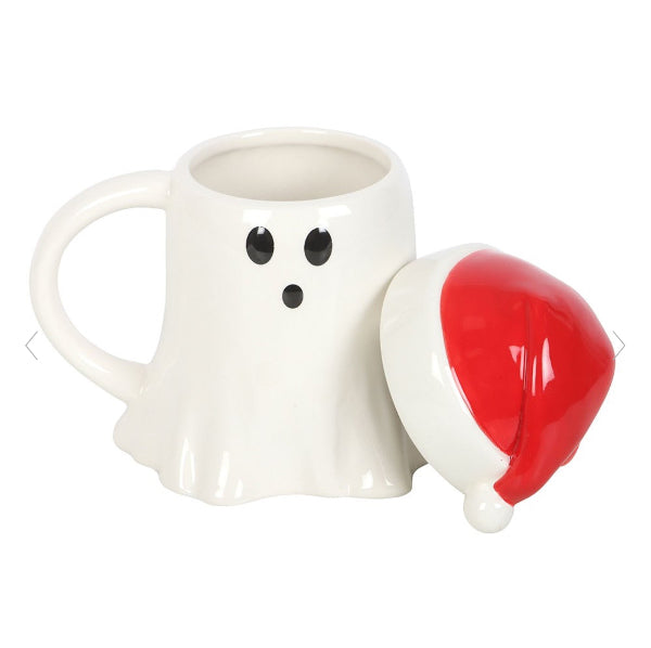 Gothic Ghost Shaped Christmas Mug with Santa Hat Lid