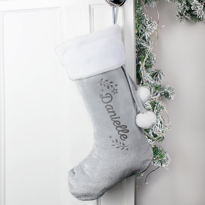 Personalised Silver Grey Velvet Christmas Stocking - Holly