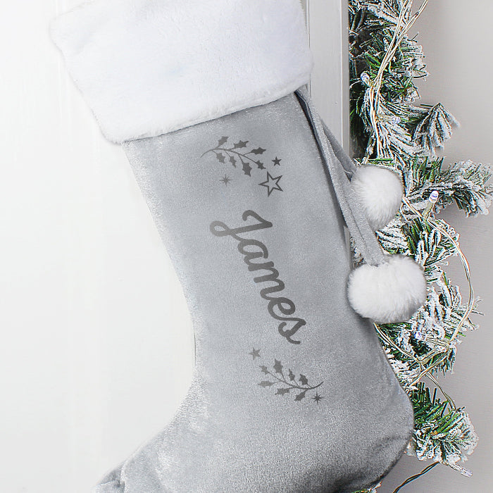 Personalised Silver Grey Velvet Christmas Stocking - Holly