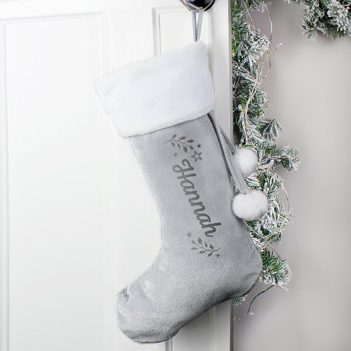 Personalised Silver Grey Velvet Christmas Stocking - Holly