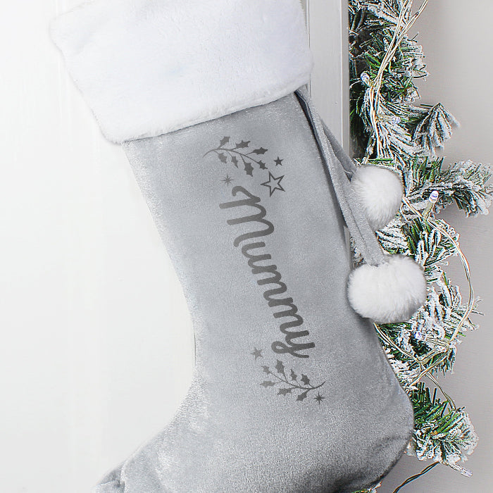 Personalised Silver Grey Velvet Christmas Stocking - Holly