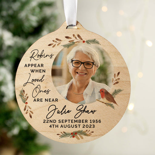 Personalised Photo Upload Robin Memorial Wooden Christmas Decoration