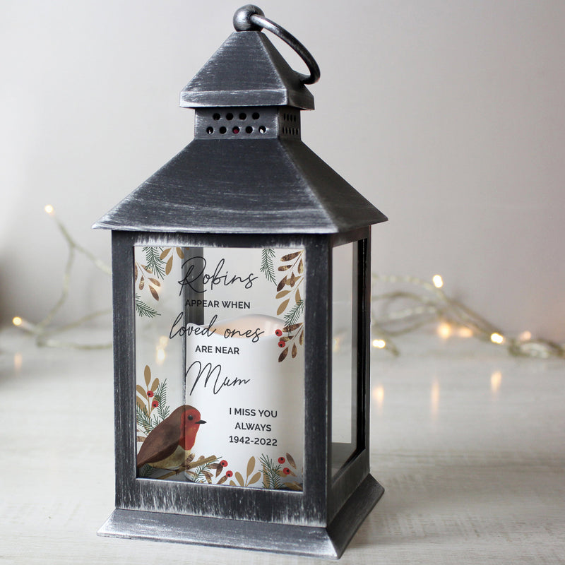 Personalised Robins Appear Memorial Black Lantern