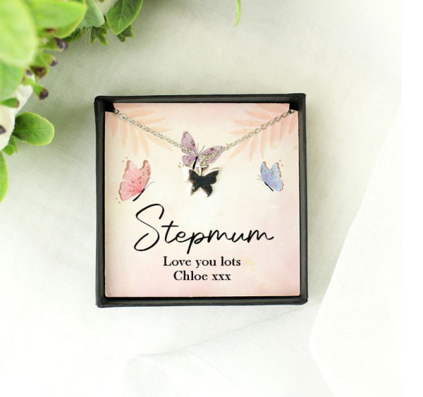 Personalised Stepmum Card & Butterfly Necklace Gift Boxed