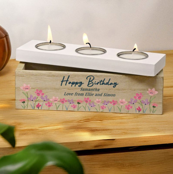 Personalised Floral Wooden Triple Tea Light Box Birthday Gift