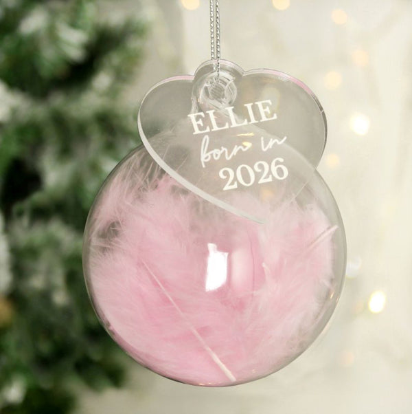 Born In 2026 Pink Feather Glass Christmas Bauble With Heart Tag
