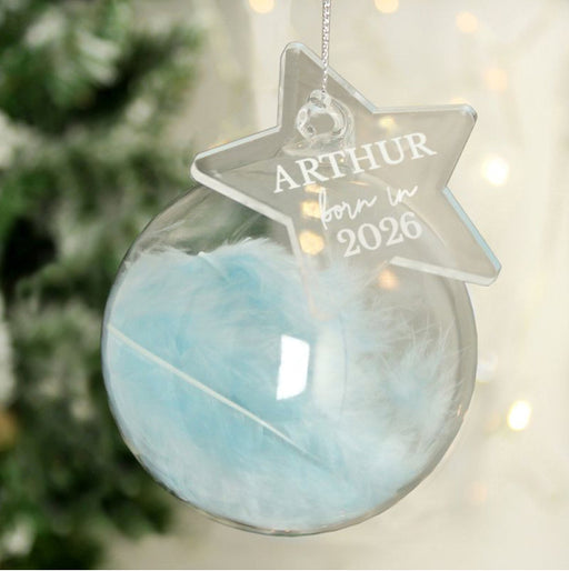Born In 2026 Blue Feather Glass Christmas Bauble With Star Tag