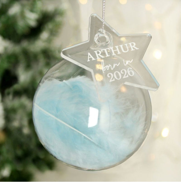 Born In 2026 Blue Feather Glass Christmas Bauble With Star Tag