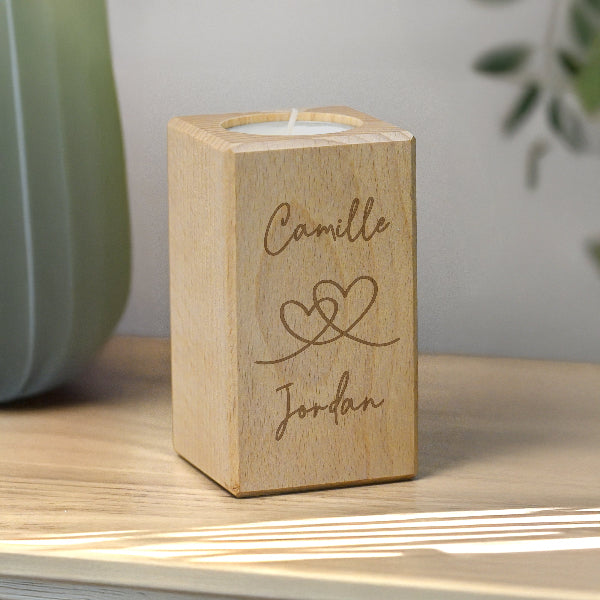 Personalised Engraved Hearts Valentines Wooden Tealight Holder