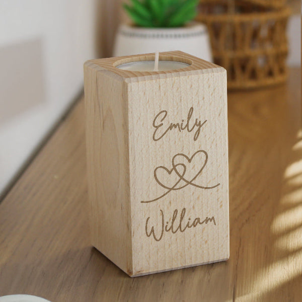 Personalised Engraved Hearts Valentines Wooden Tealight Holder