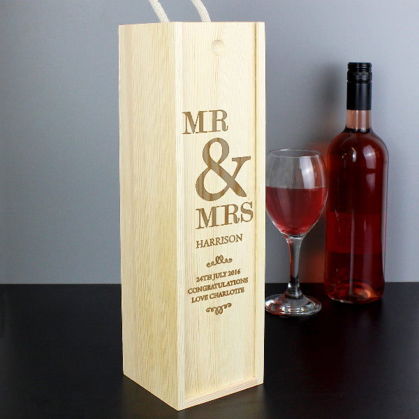 Engraved Wooden Wine Box with Wedding Design