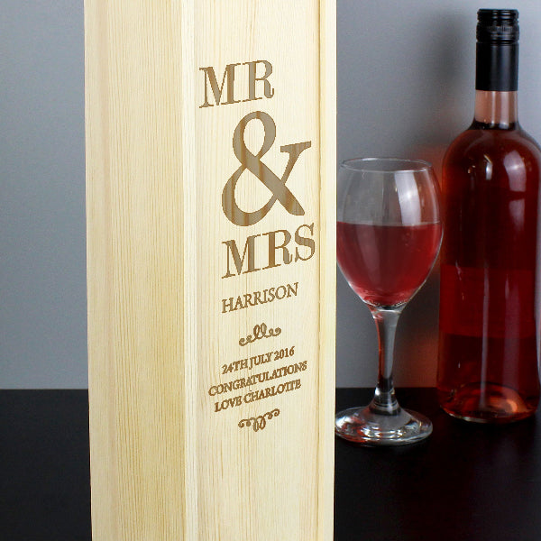 Engraved Wooden Wine Box with Wedding Design