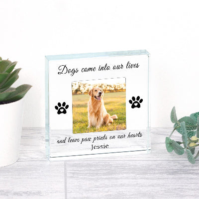 Bespoke Dog Memorial Glass Photo Gift - Paw Prints On Our Heart