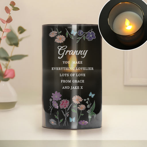 Personalised Granny Wild Flowers Smoked Glass LED Candle