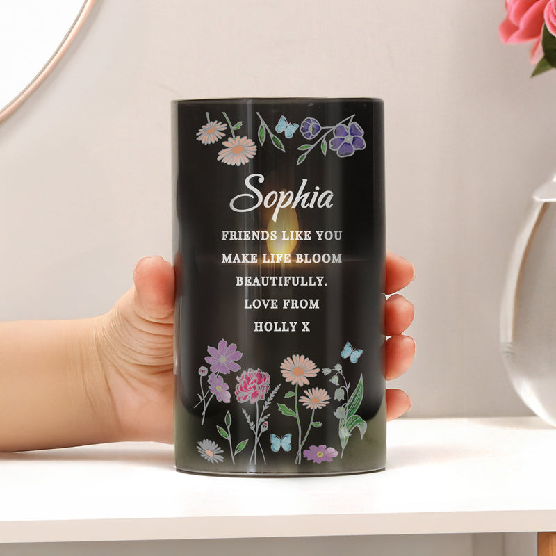 Personalised Friend Wild Flowers Smoked Glass LED Candle