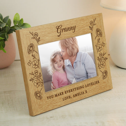 Personalised Granny Wild Flowers 6x4 Oak Finish Photo Frame