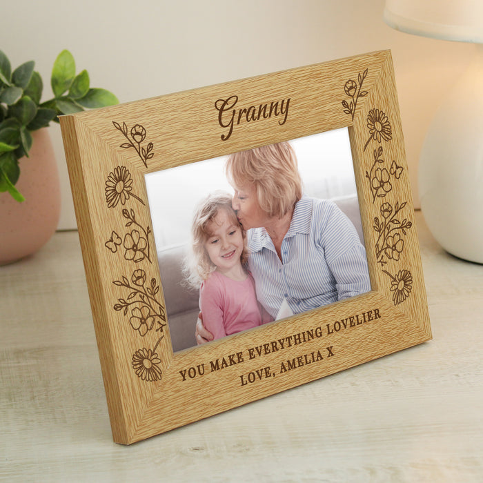 Personalised Granny Wild Flowers 6x4 Oak Finish Photo Frame