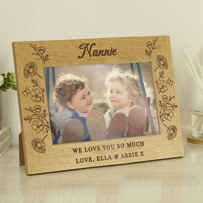 Personalised Nannie Wild Flowers 6x4 Oak Finish Photo Frame