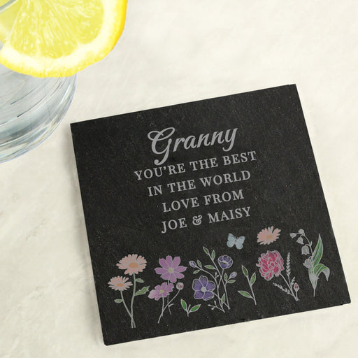 Personalised Granny Wild Flowers Slate Coaster