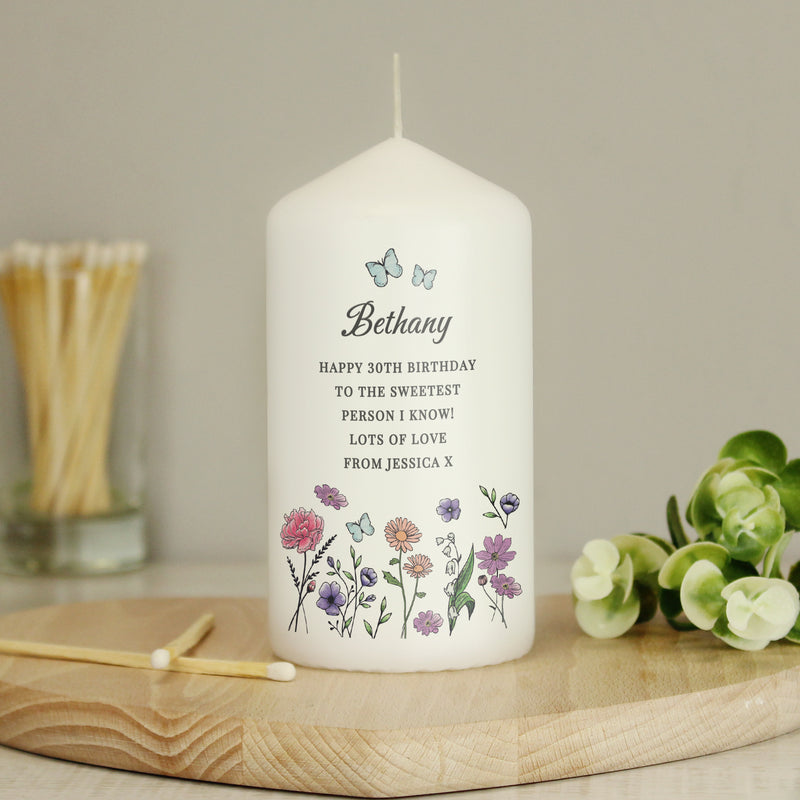 Personalised Friend Wild Flowers Pillar Candle