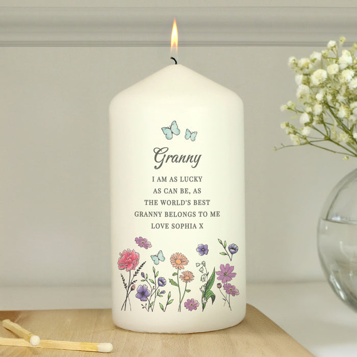Personalised Granny Wild Flowers Pillar Candle