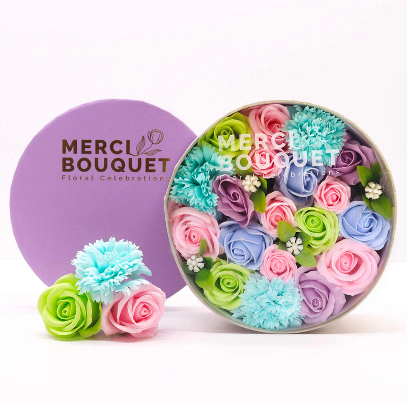 Baby Blessings Blues Soap Flower Bouquet Gift Round Box