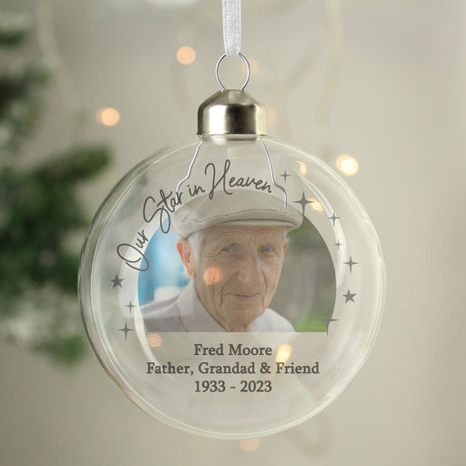 Personalised Our Star In Heaven Photo Upload Memorial Glass Bauble