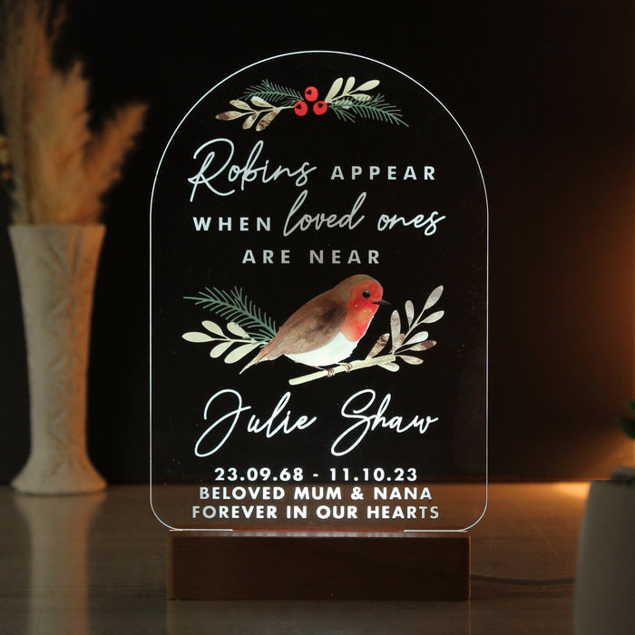 Personalised Robins Appear Memorial Wooden Based LED Light Decoration