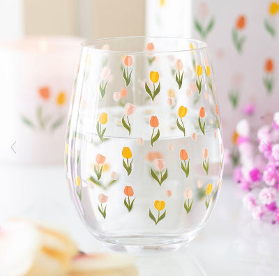 Tulip Print Stemless Wine Glass - Spring Home Decor