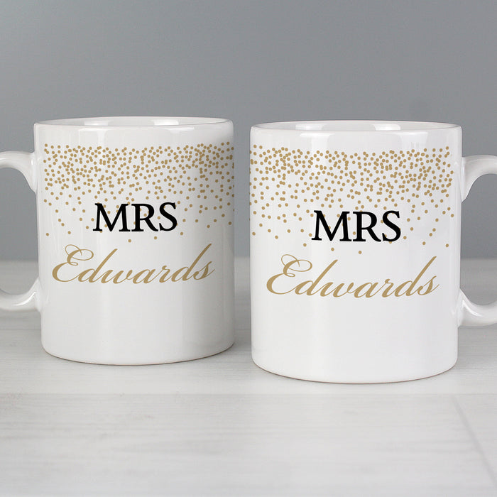 Personalised Gold Confetti Wedding Mrs & Mrs Mug Set