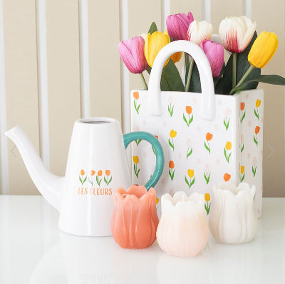 Tulip Print Ceramic Bag-Shaped Flower Vase - Mother’s Day Gift