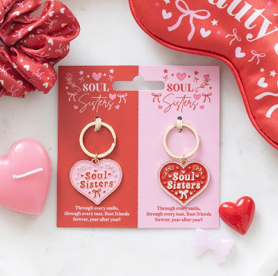 Pair of Soul Sisters Love Heart Keyrings - Galentine Day Gift