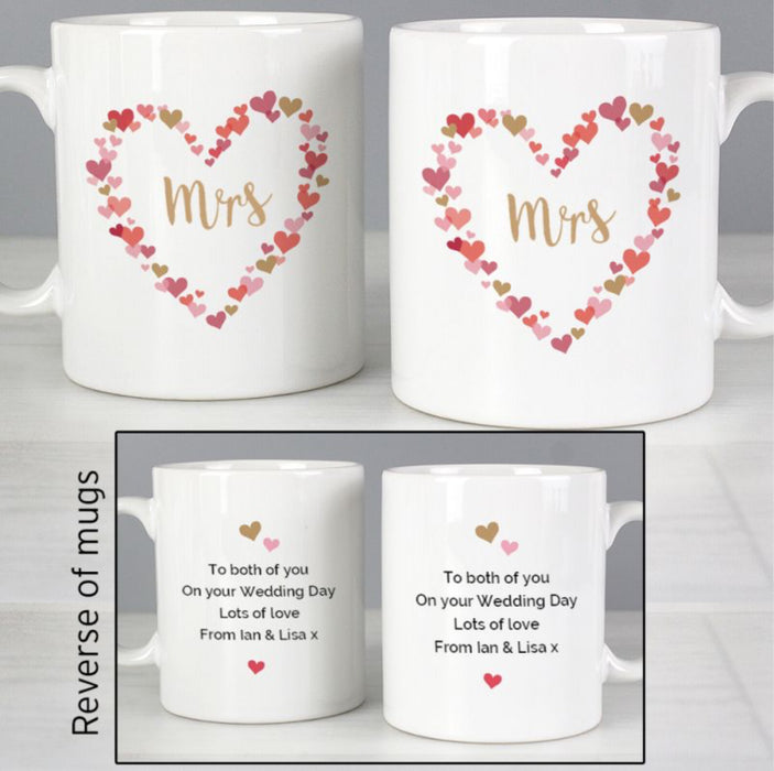Personalised Confetti Hearts Wedding Mrs & Mrs Mug Set