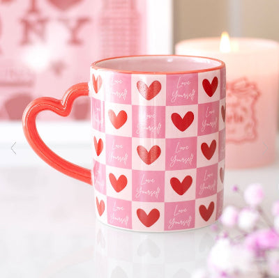 Love Yourself Checkered Mug with Heart Handle - Galentine Gift