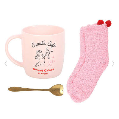 Valentines Cupid's Cafe Mug, Spoon and Socks Gift Set