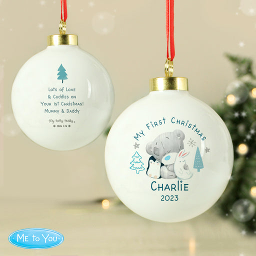 Personalised Winter Explorer My First Christmas Tiny Tatty Teddy Bauble
