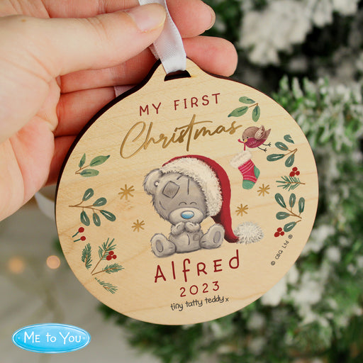 Personalised My First Christmas Tiny Tatty Teddy Round Wooden Decoration