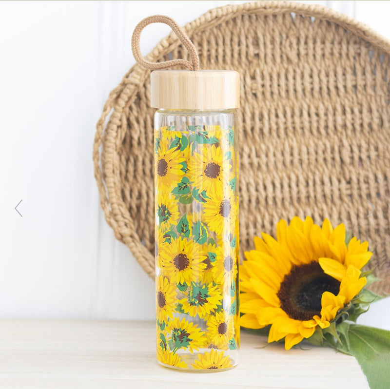 Sunflower Design Glass Water Bottle