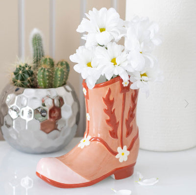 Western Pink Cowboy Boot Flower Vase