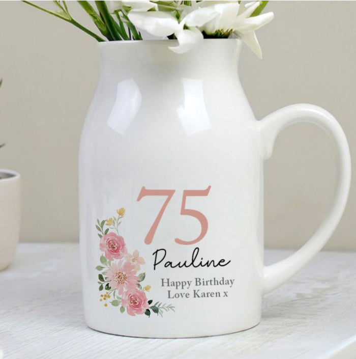 Personalised Floral 75th Birthday Jug Vase