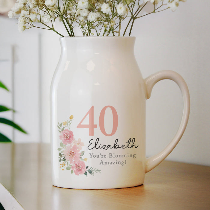 Personalised Floral 40th Birthday Jug Vase