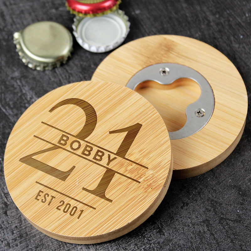 Personalised 21st Birthday Bamboo Bottle Opener Coaster