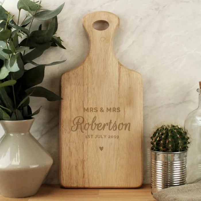 Personalised Mrs & Mrs Wooden Paddle Chopping Board