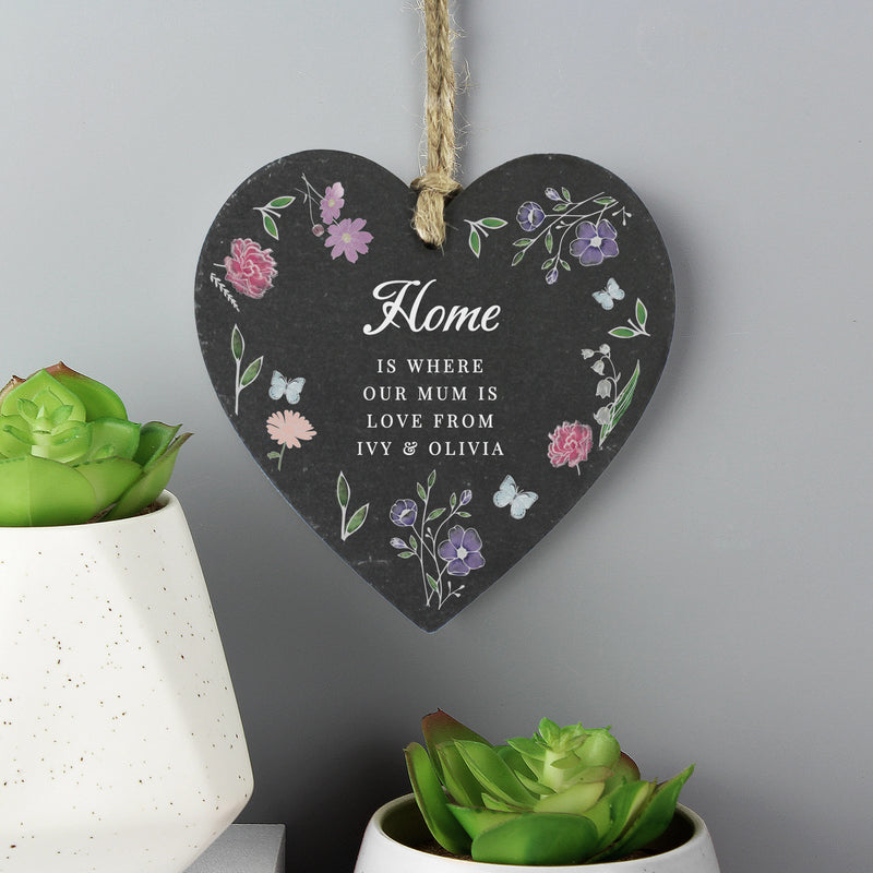 Personalised Wild Flowers Slate Heart Hanging Sign