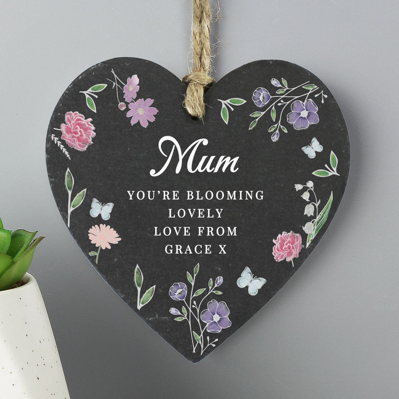 Personalised Wild Flowers Slate Heart Hanging Sign