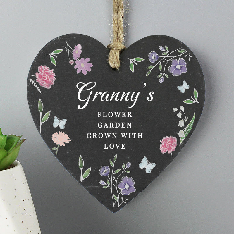 Personalised Wild Flowers Slate Heart Hanging Sign