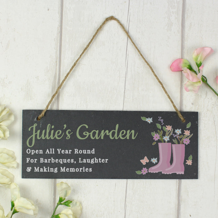 Personalised Floral Welly Garden Slate Sign